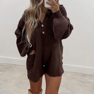 Ribbed Chocolate Brown Knit Romper - Women